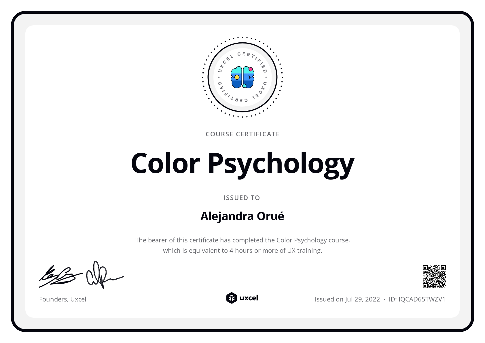 Alejandra Orué's certificate